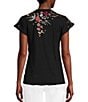 Color:Black - Image 2 - Lissa Embroidered Floral Print Cotton Knit Jersey V-Neck Short Flutter Sleeve Tee Shirt