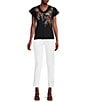Color:Black - Image 3 - Lissa Embroidered Floral Print Cotton Knit Jersey V-Neck Short Flutter Sleeve Tee Shirt
