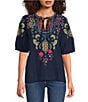 JOHNNY WAS Margot Embroidered Tassel Split V-Neck Short Sleeve Blouse - Image 1