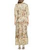 Color:Multi - Image 2 - Mimi Silk Antique Floral Print V-Neck 3/4 Sleeve Tiered Ruffled Trim Maxi Dress