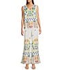 JOHNNY WAS Mixed Floral Printed Linen Elastic Waist Wide Leg Coordinating Pants, Color:Soller - Image 3