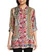 Color:Multi - Image 1 - Modey Delia Mixed Print Long Sleeve Button-Front Silk Tunic