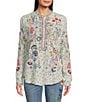 Color:Multi - Image 1 - Nya Silk V-Neck Long Sleeve Floral Embroidered Blouse