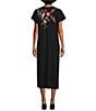 Color:Black - Image 2 - Osaka Cotton Knit Embroidered Placement Floral Motif Short Sleeve Midi Shift Dress