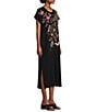 Color:Black - Image 3 - Osaka Cotton Knit Embroidered Placement Floral Motif Short Sleeve Midi Shift Dress