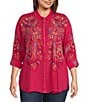 Color:Ultra Pink - Image 1 - Plus Size Cachemire Point Collar Long Sleeve Floral Embroidery Button Front Tunic