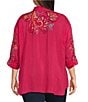 Color:Ultra Pink - Image 2 - Plus Size Cachemire Point Collar Long Sleeve Floral Embroidery Button Front Tunic