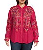 Color:Ultra Pink - Image 3 - Plus Size Cachemire Point Collar Long Sleeve Floral Embroidery Button Front Tunic