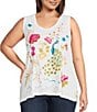 Color:White - Image 1 - Plus Size Cotton Knit Jersey Placement Embroidery Raw Edge Trim V-Neck Sleeveless Tank