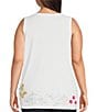 Color:White - Image 2 - Plus Size Cotton Knit Jersey Placement Embroidery Raw Edge Trim V-Neck Sleeveless Tank