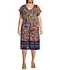 Color:Multi - Image 1 - Plus Size Demarne Bamboo Abstract Print Knit Jersey V-Neck Short Sleeve Midi Tiered A-Line Dress