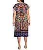 Color:Multi - Image 2 - Plus Size Demarne Bamboo Abstract Print Knit Jersey V-Neck Short Sleeve Midi Tiered A-Line Dress