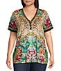 Color:Miller Tigre Scarf Print - Image 1 - Plus Size Janie Favorite Animal & Floral Print Knit Jersey Henley V-Neck Short Sleeve Tee Shirt