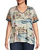 Color:Multi - Image 1 - Plus Size Janie Favorite Scenic Print Bamboo Knit Contrast Stripe V-Neck Short Sleeve Tee Shirt
