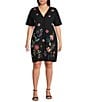 JOHNNY WAS Plus Size Knit Embroidered Floral V-Neck Short Sleeve Dress, Color:Black - Image 1