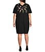 JOHNNY WAS Plus Size Knit Embroidered Floral V-Neck Short Sleeve Dress, Color:Black - Image 2