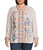 JOHNNY WAS Plus Size Sydnee Woven Embroidered Point Collar Long Sleeve Button Front Blouse, Color:Primrose - Image 1
