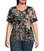 JOHNNY WAS Plus Size The Janie Favorite Floral & Architecture Print Knit Round Neck Short Elbow Sleeve Button Front Tee, Color:Lavilla Black - Image 1