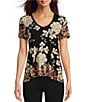 Color:Multi - Image 1 - Redland Favorite Bamboo Stretch Knit Floral Print V-Neck Short Sleeve Tee Shirt