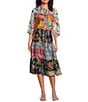 JOHNNY WAS Regia Silk Patchwork Boho Print Split V-Neck 3/4 Sleeve Button Front Tiered Midi Dress, Color:Prazer Print - Image 1