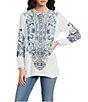 JOHNNY WAS Romilly Embroidered Scrolling Pattern Band Collar Button Half-Placket Long Sleeve Tunic - Image 1