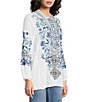 JOHNNY WAS Romilly Embroidered Scrolling Pattern Band Collar Button Half-Placket Long Sleeve Tunic - Image 3
