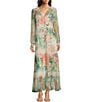 Color:Multi - Image 1 - Ruksana Lace Trim Floral Print Silk V-Neck Long Sleeve Button-Front Tiered Maxi Dress