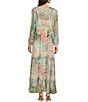 Color:Multi - Image 2 - Ruksana Lace Trim Floral Print Silk V-Neck Long Sleeve Button-Front Tiered Maxi Dress