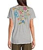 Color:Stripe - Image 2 - Sheri Everyday Knit Contrast Stripe Print V-Neck Short Sleeve Floral Embroidered Tee Shirt