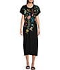 Color:Black - Image 1 - Sheri Relaxed Knit Embroidered Placement Floral Motif Short Sleeve Midi Shift Dress