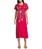 Color:Ultra Pink - Image 1 - Sheri Relaxed Knit Embroidered Placement Floral Motif Short Sleeve Midi Shift Dress