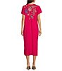 Color:Ultra Pink - Image 2 - Sheri Relaxed Knit Embroidered Placement Floral Motif Short Sleeve Midi Shift Dress