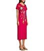 Color:Ultra Pink - Image 3 - Sheri Relaxed Knit Embroidered Placement Floral Motif Short Sleeve Midi Shift Dress