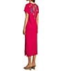 Color:Ultra Pink - Image 4 - Sheri Relaxed Knit Embroidered Placement Floral Motif Short Sleeve Midi Shift Dress