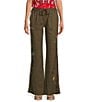 Color:Vintage Army - Image 1 - Simmie Linen Drawstring Elastic Waist Side Pocket Embroidered Pants