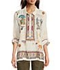 Color:Natural - Image 1 - Simmie Linen Point Collar Long Sleeve Embroidered Blouse