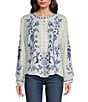 Color:Poppy Gingham - Image 1 - Tarra Field Embroidered Cotton Split Round Henley Neck Long Sleeve Blouse
