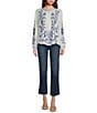 Color:Poppy Gingham - Image 3 - Tarra Field Embroidered Cotton Split Round Henley Neck Long Sleeve Blouse