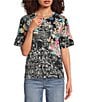 JOHNNY WAS The Janie Favorite Floral & Architecture Print Knit Round Neck Short Elbow Sleeve Button Front Tee, Color:Lavilla Black - Image 1