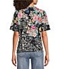 JOHNNY WAS The Janie Favorite Floral & Architecture Print Knit Round Neck Short Elbow Sleeve Button Front Tee, Color:Lavilla Black - Image 2