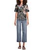 JOHNNY WAS The Janie Favorite Floral & Architecture Print Knit Round Neck Short Elbow Sleeve Button Front Tee, Color:Lavilla Black - Image 3