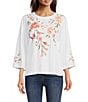 Color:White - Image 1 - Vienna Floral Embroidery Motif Long Kimono Sleeve Tee