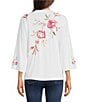 Color:White - Image 2 - Vienna Floral Embroidery Motif Long Kimono Sleeve Tee