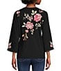 Color:Black - Image 2 - Vienna Floral Embroidery Motif Long Kimono Sleeve Tee