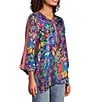 JOHNNY WAS Yuri Mod Floral Print Silk Banded Collar 3/4 Sleeve Five-Button Half-Placket Tunic, Color:Theresa - Image 3