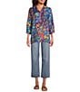 JOHNNY WAS Yuri Mod Floral Print Silk Banded Collar 3/4 Sleeve Five-Button Half-Placket Tunic, Color:Theresa - Image 5
