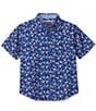 Color:Navy - Image 2 - Little/Big Boys 4-16 Short Sleeve Flamingo Printed Button Front Shirt
