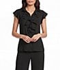 Jones New York Collared V-Neck Flutter Sleeve Ruffle Button Front Blouse - Image 1