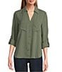 Jones New York Crepe Point Collar Roll Tab Button Front Top, Color:Jasper - Image 1