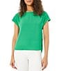 Color:Kelly - Image 1 - Crepe Round Neck Short Sleeve Button Detail Blouse